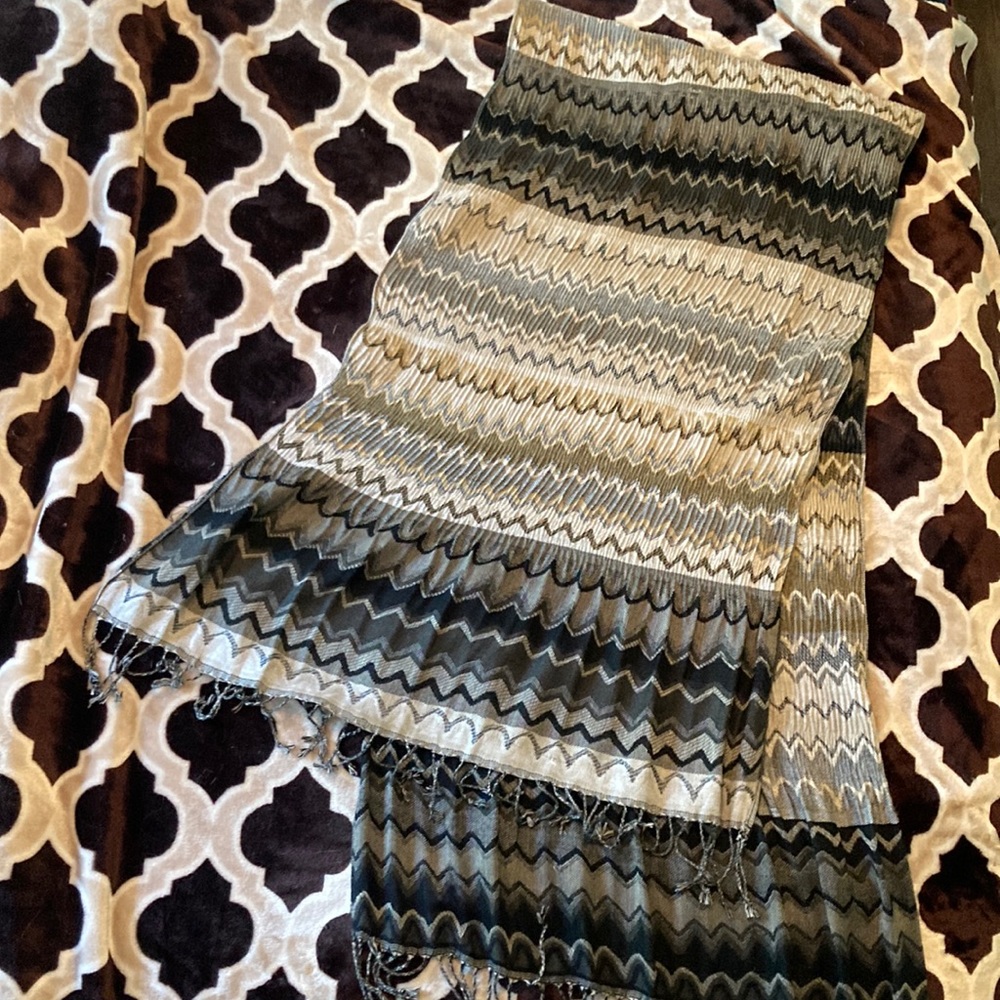 Gray, black, and tan crinkled chevron wrap/scarf/shawl